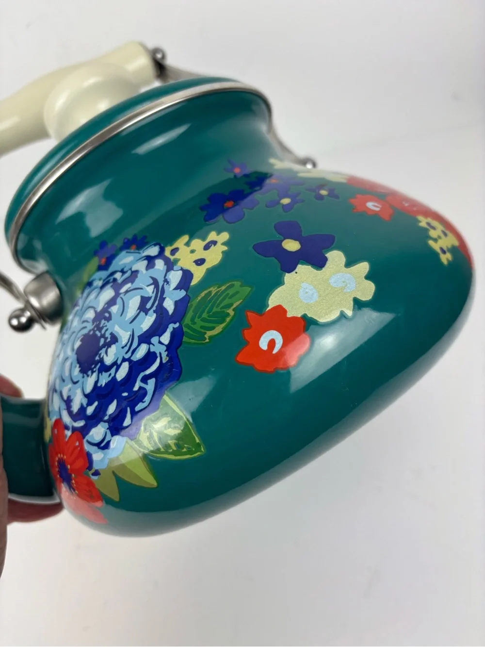 Pioneer Woman Teal Floral Enamel Tea Kettle-EUC-RARE color!